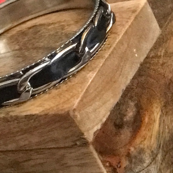 Chain Link Black Ribbon Silvertone Bangle Bracelet - Picture 2 of 5
